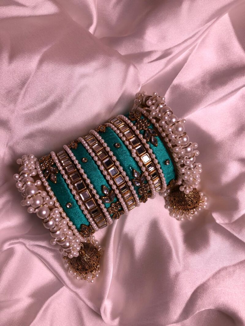 Aqua Blue Pearl Radiance Metal Bangle Set (AB001)